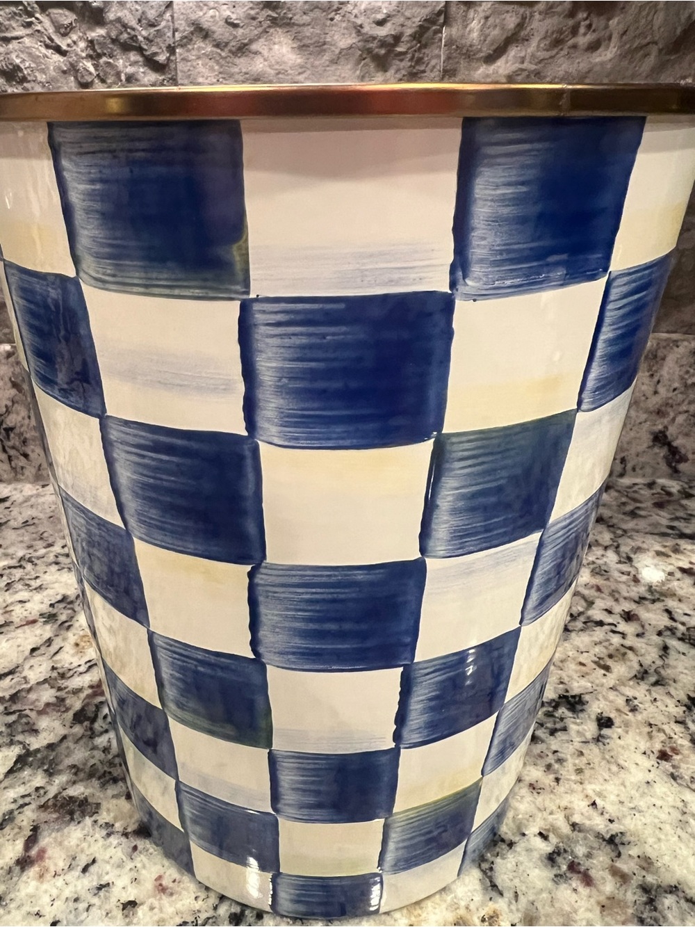 Mackenzie-Childs Royal Check Waste Bin - Trash Can. Great used condition. - Picture 2 of 8